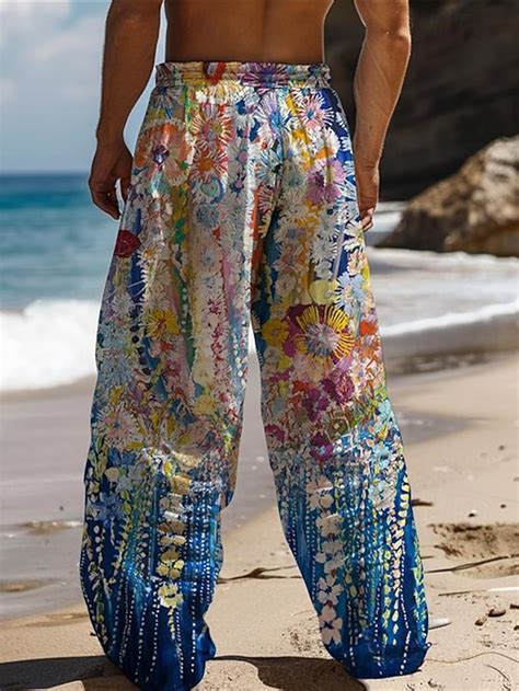 Mens Hawaiian Floral Pants 3d Print Straight Leg Trousers Mid Waist