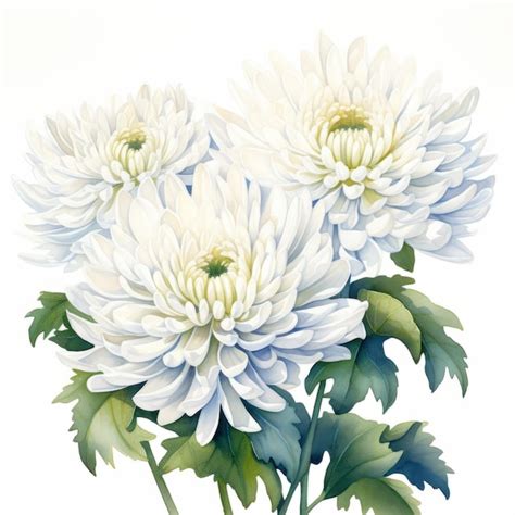 Realistic Watercolor Painting Of White Chrysanthemums Premium Ai