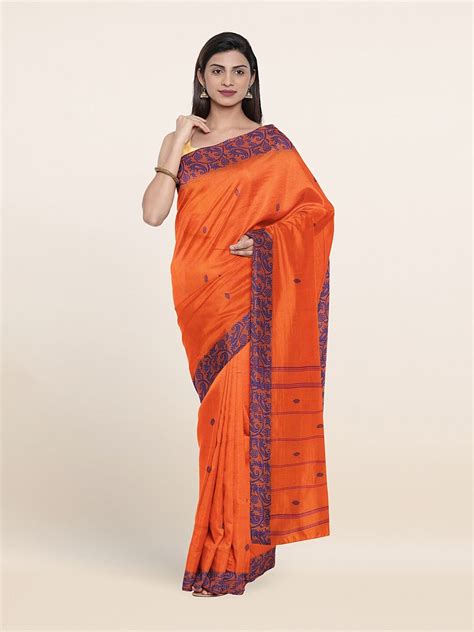 Buy Pothys Peach Coloured And Blue Ethnic Motifs Pure Cotton Saree