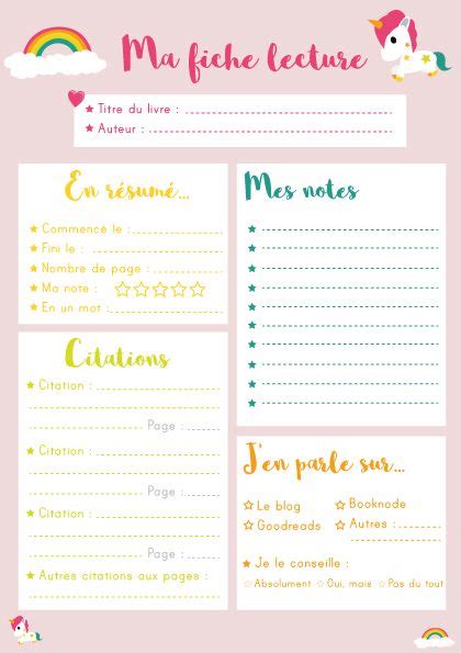 Book Note Printable Fiche Lecture à Imprimer Planner Lecture