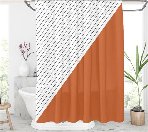 Burnt Orange Shower Curtain Striped Bath Curtain Geometric Etsy