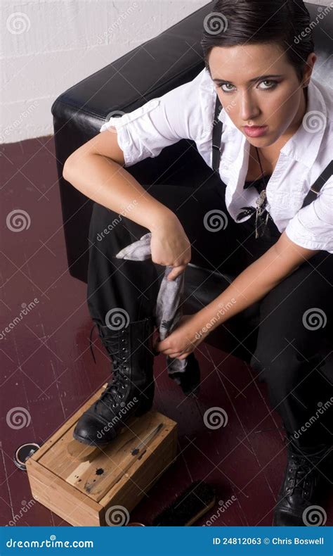 Woman Shines Boots Traditional Shoe Shine Box Stock Image Image Of