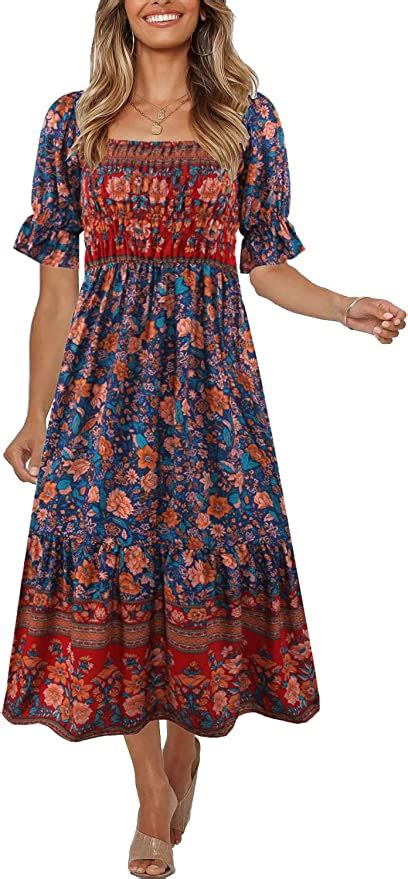 UIMLK Women S Square Neck Floral Midi Bohemian Dress