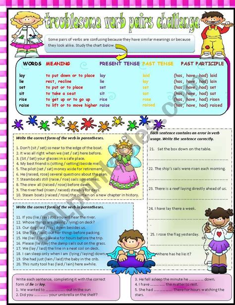 Troublesome Verb Pairs Sit Set Rise Raise Lay Lie EDITABLE