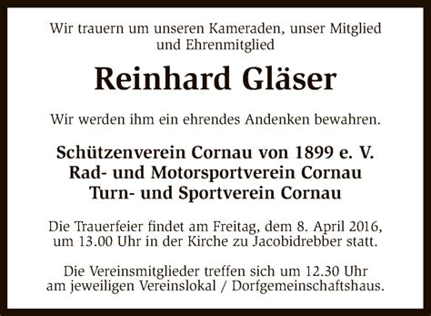 Traueranzeigen von Reinhard Gläser trauer kreiszeitung de