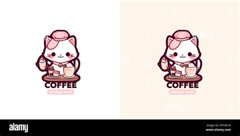 Coffee cafe vector logo design template with cute cat and slogan always ...