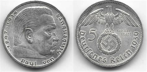 Drittes Reich 5 Reichsmark 1939 B Hindenburg Mit HK Erhaltung Siehe