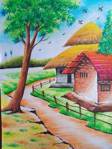 Beautiful Village Scenery Drawing