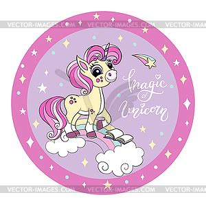 Pretty Unicorn With Book On Rainbow Circle Blue Vector Image