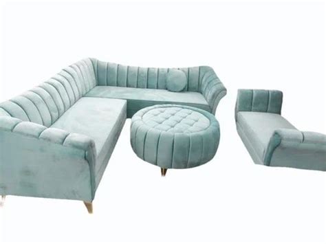 8 Seater L Shape Pastel Blue Velvet Sofa Set With Lounger At 15000