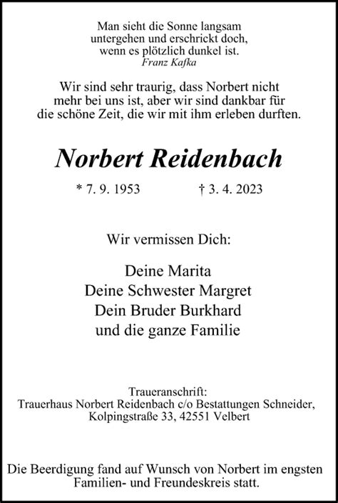 Traueranzeigen Von Norbert Reidenbach Trauer In Nrw De