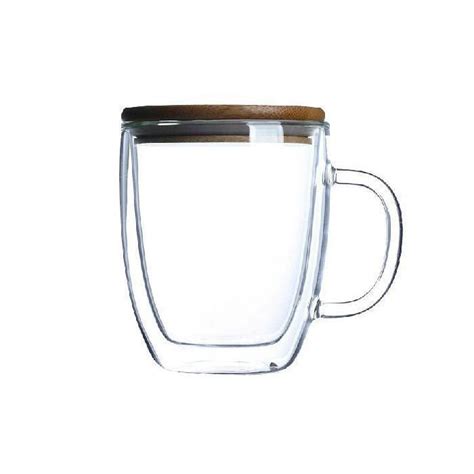 Double Walled Glass Coffee Cups Glassware With Bamboo Lid And Handle