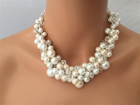 Chunky Ivory And White Pearl Necklace With Rhinestones And