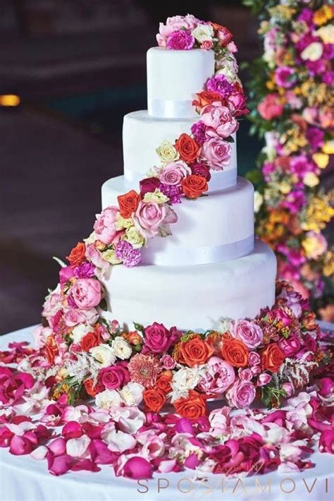 White Wedding Cake with Multicolor Roses Decoration