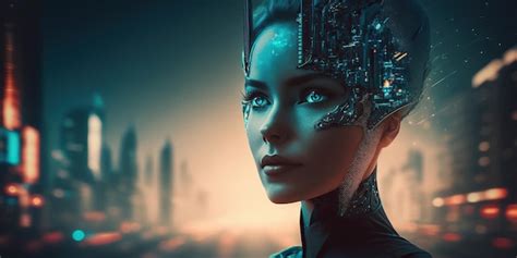 Ai Generó Una Ilustración De Una Mujer Cyborg De Inteligencia Artificial En Una Ciudad Futurista