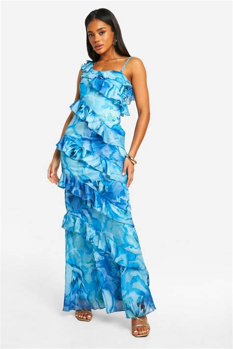 Floral Ruffle Chiffon Asymmetric Maxi Dress Boohoo Uk