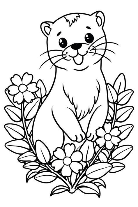 Premium Vector A Coloring Page Of Cute Baby Ottar Hidden In Flowers