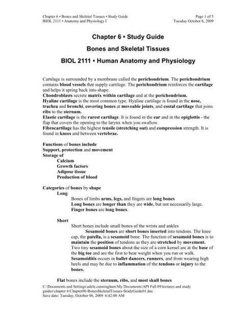 Chapter 6 â Study Guide Bones and Skeletal Tissues BIOL 2111