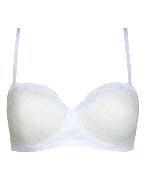 Marks And Spencer Mand5 Cream White Ornate Lace Padded Underwired Strapless Bra Size 30 To