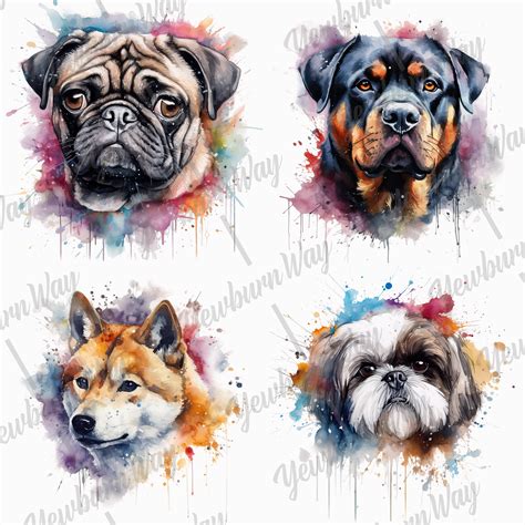 Digital Download Set, Printable Dog Art, Watercolour Dog Drawings for ...