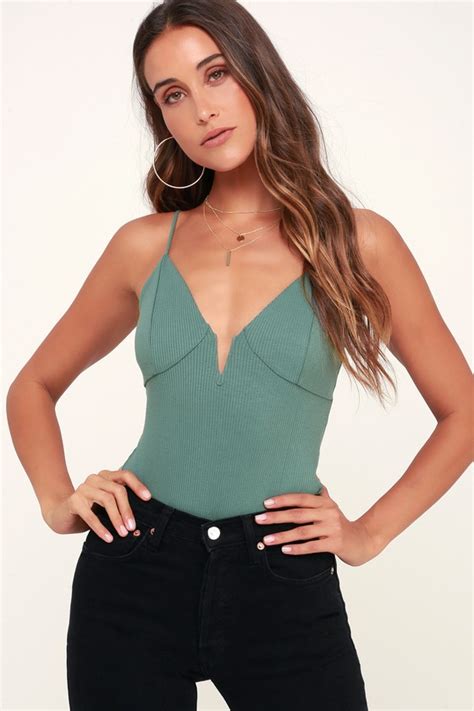 Cute Bodysuit Sage Green Bodysuit Ribbed Bodysuit Lulus