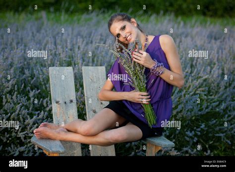 Beautiful Young Woman On Lavender Field Lavanda Girl In Early Summer