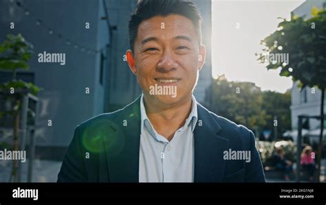 Front View Portrait Smiling Happy Asian Middle Aged Businessman Korean