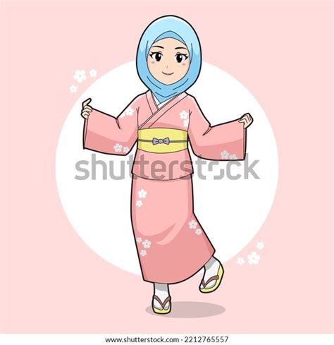 Caricatura Corta Niña Hijab Con Kimono Vector De Stock Libre De