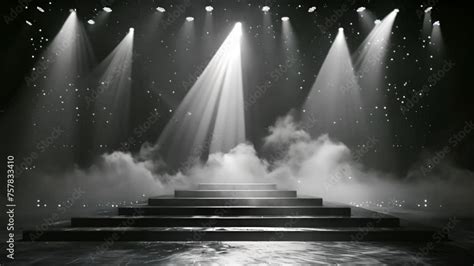 Stage light and smoke on stage with spotlights black and white. Stage ...