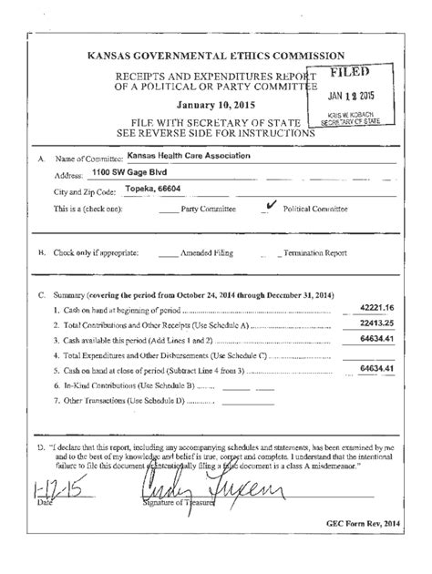 Fillable Online Ethics Ks Receipts And Expenditures Repoj T Of A