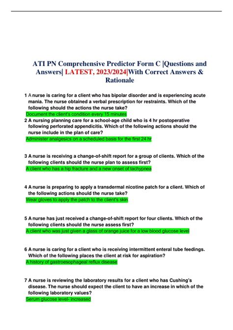 ATI PN Comprehensive Predictor Form C |Questions and Answers| LATEST
