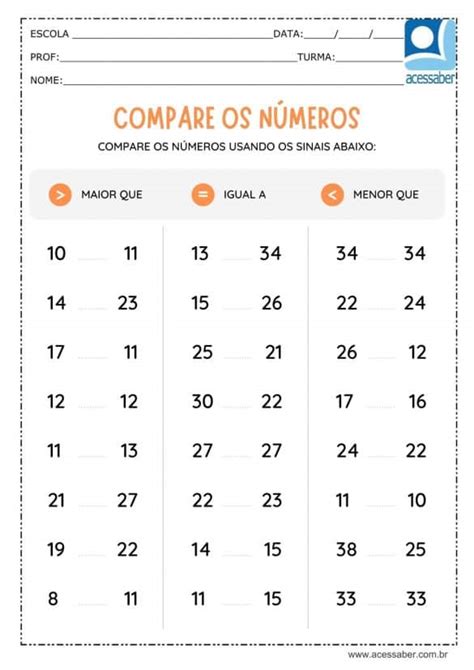 Atividade de matemática Maior menor ou igual 2º ano e 3º ano