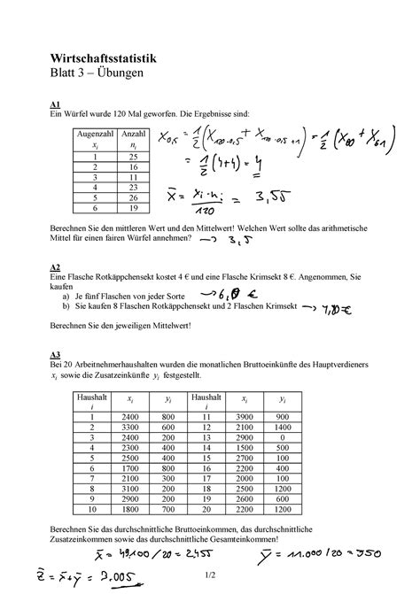 Blatt 3 Übungen 1 Wirtschaftsstatistik Blatt 3 Übungen A Ein