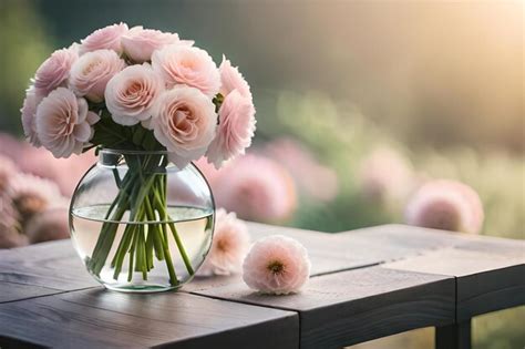 Premium Photo Pink Roses In A Vase On A Table With A Sunset In The