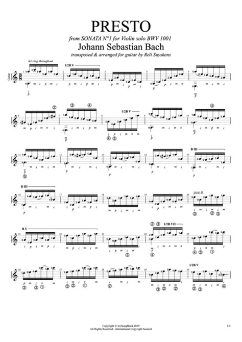 Tablature BWV 1001 Presto De Johann Sebastian Bach Guitar Pro