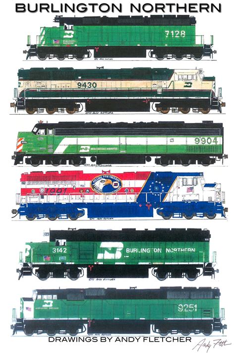 6 Hand Drawn Burlington Northern Locomotive Drawings By Andy Fletcher