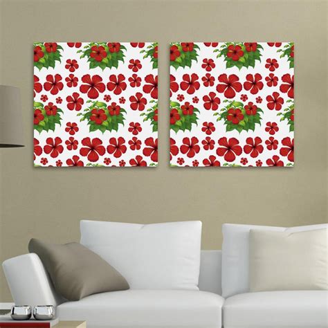 Ownta Red Hibiscus Flowers Green Leaves Pattern 2pc Canvas Wall Art