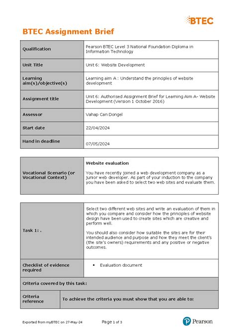 Unit Authorised Assignment Brief For Learning Aim A Website