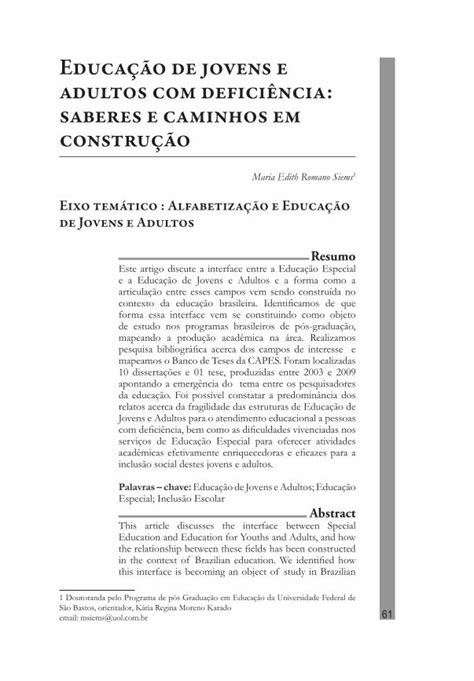 PDF Educação de jovens e adultos deficiência saberes e PDF