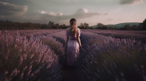 Woman Walking Around A Lavender Field At Dusk Background Aesthetic