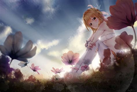 Blonde Hair Blush Breasts Clouds Flowers Futoshi Ame Grass Orange Eyes Original Ribbons Short