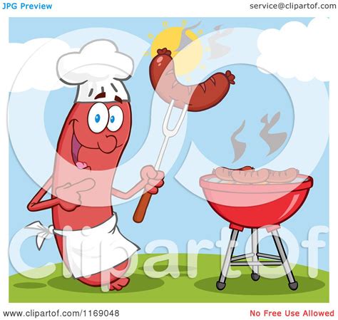 Cartoon Of A Sausage Chef Mascot Pointing To A Weenie On A Fork On A