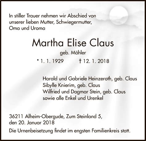 Traueranzeigen Von Martha Elise Claus Trauer Hna De