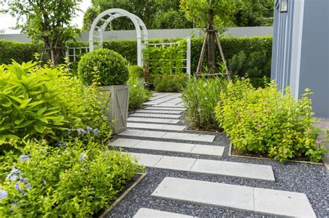 Design of Landscaping of Home Garden Backyard with Brick Walkway. Stock Photo - Image of home ...