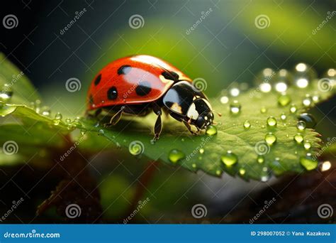 Ladybug Sitting On A Leaf With Dew Drops Stock Illustration