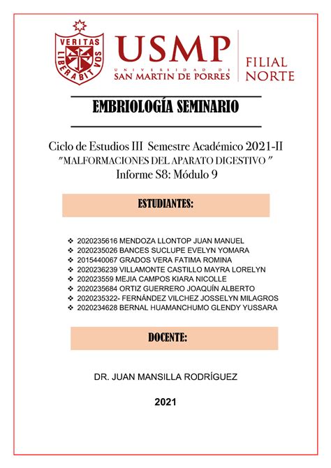 Informes 8 Embriología Seminario EMBRIOLOGÍA HUMANA Y GENÉTICA BÁSICA