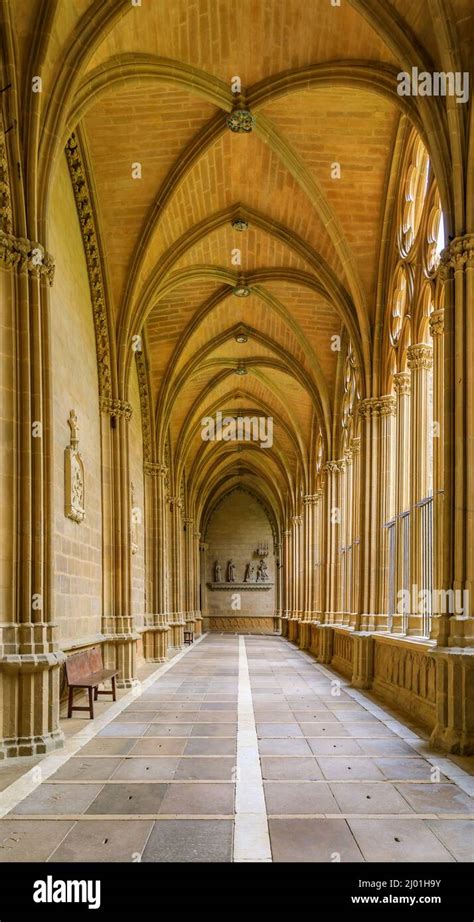 Pamplona Spain June 21 2021 Ornate Gothic Cloister Arcade Arches Of