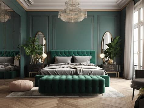 Premium AI Image | A bedroom with a green bed and a white rug.