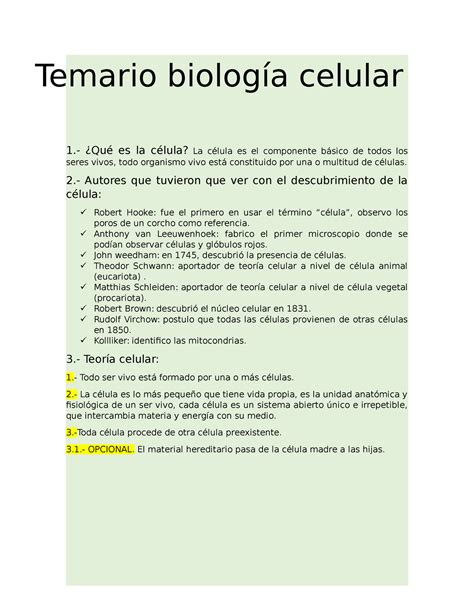 Temario Biologia Celular 1 ¿qué Es La Célula La Célula Es El