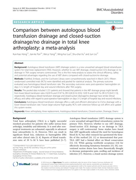 Pdf Comparison Between Autologous Blood Transfusion Drainage And